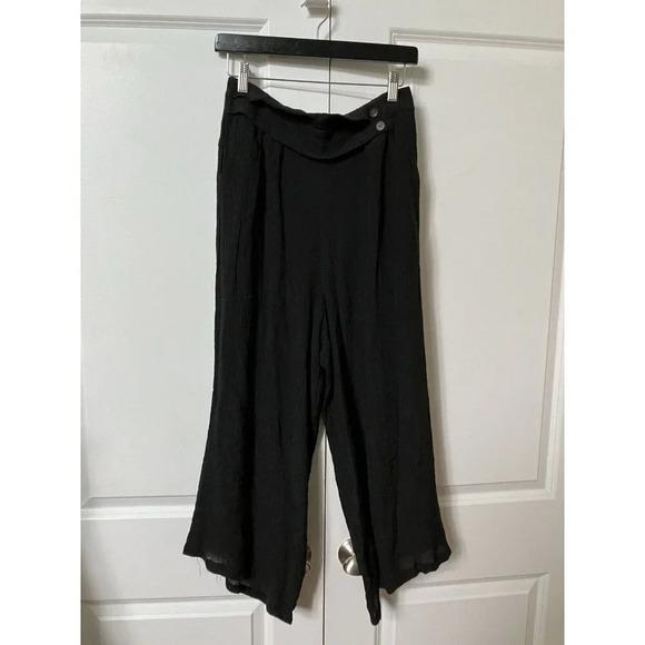 Papa Vancouver Black  Crinkle Gauze Rayon Boho Wide Leg Pants - Picture 1 of 7
